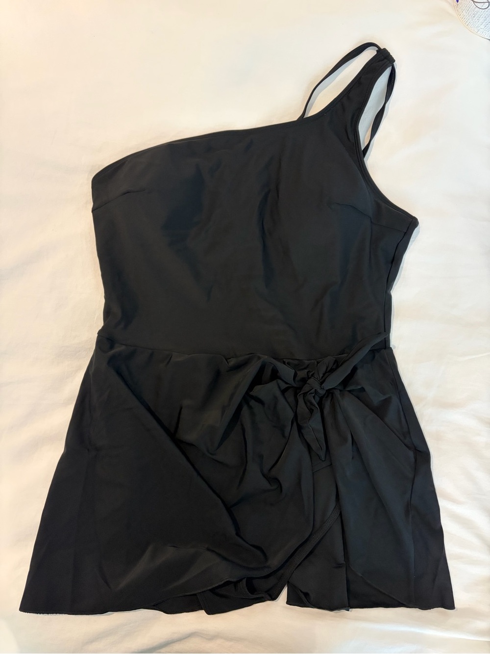 NWT One-Shoulder Black Swim Dress with Side Tie